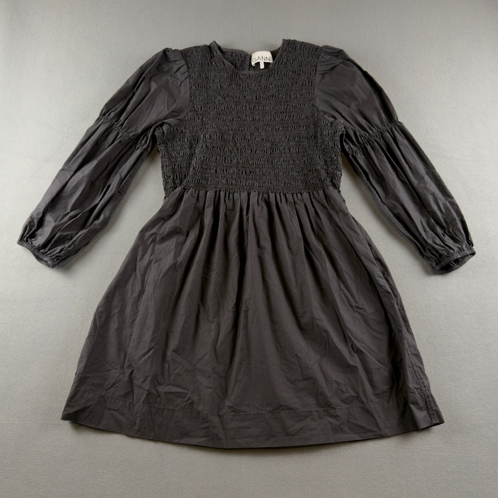 GANNI Black Cotton Poplin Smocked Mini Dress Size 38 US 6 Long Sleeve Smock